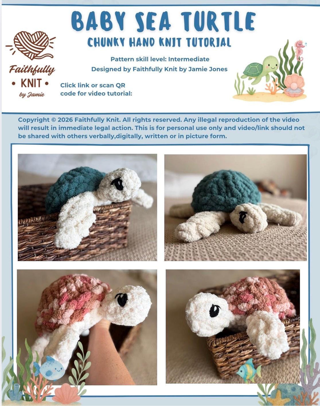 Chunky Knit Baby Sea Turtle Pattern | Hand Knit Plush Stuffed Animal (PDF + Video Tutorial)