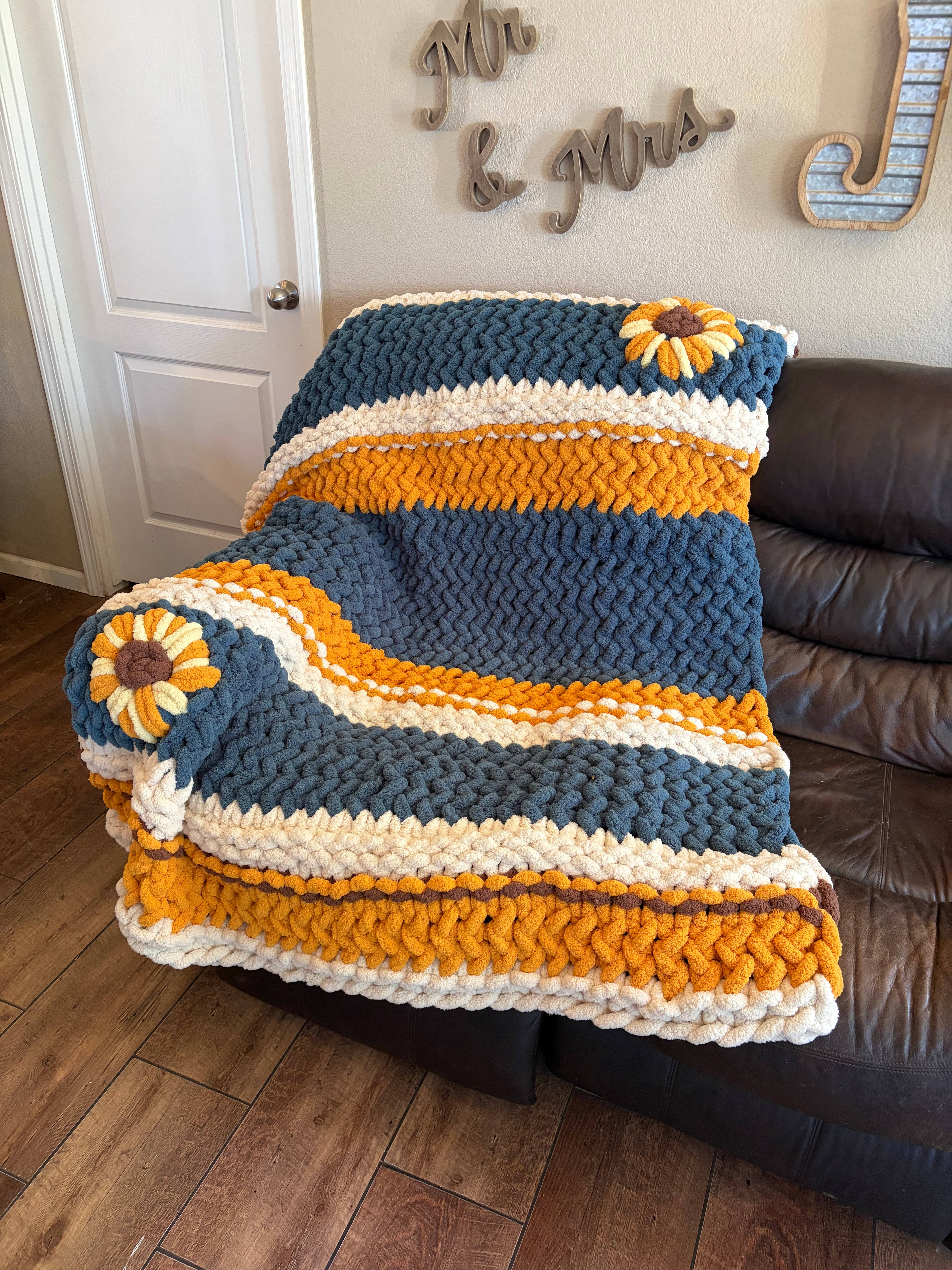 Fields of Grace Chunky Hand Knit Blanket Pattern | 45” x 70” | Herringbone Stitch + Sunflower Embellishment