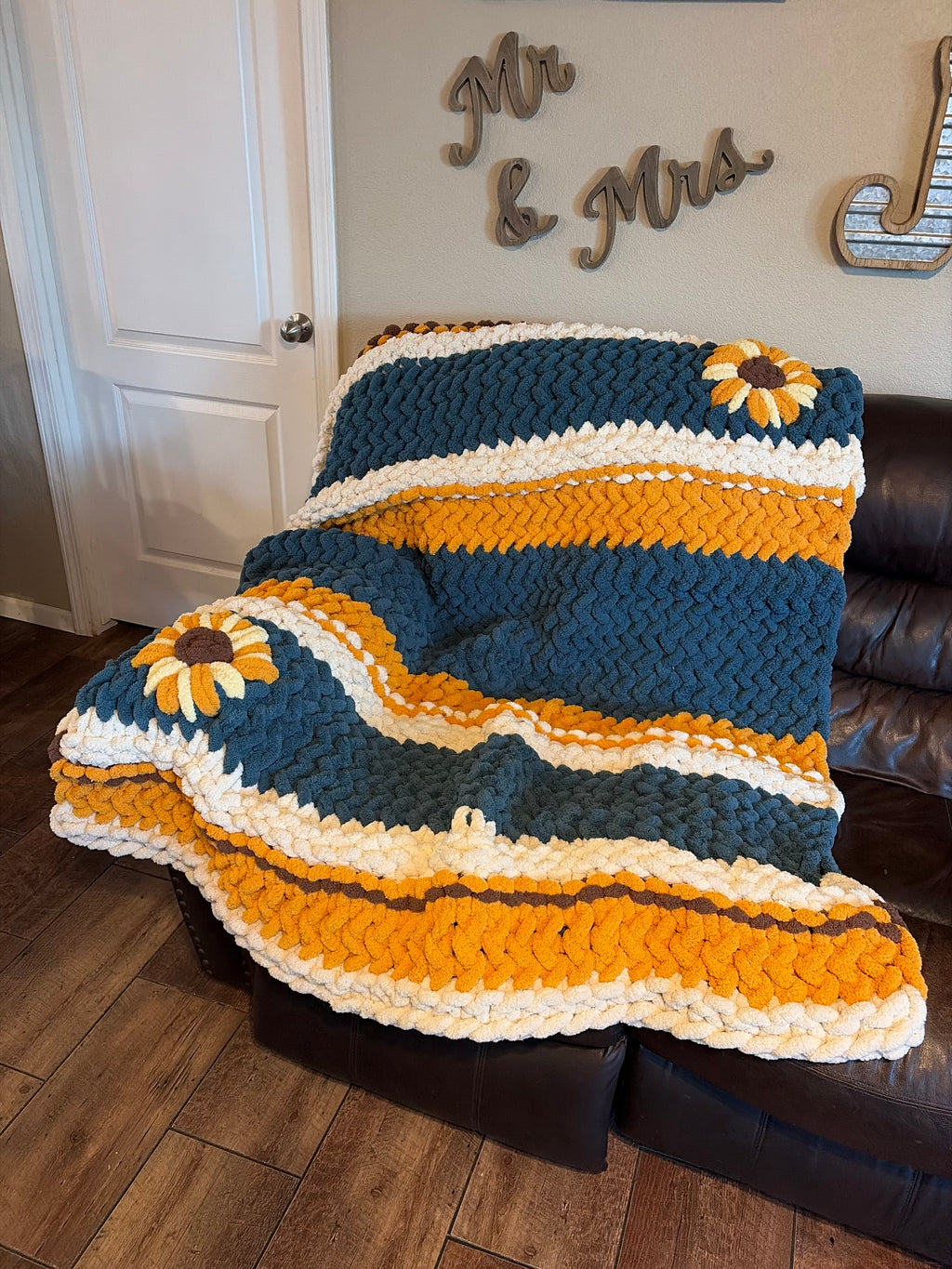 Fields of Grace Chunky Hand Knit Blanket Pattern | 45” x 70” | Herringbone Stitch + Sunflower Embellishment