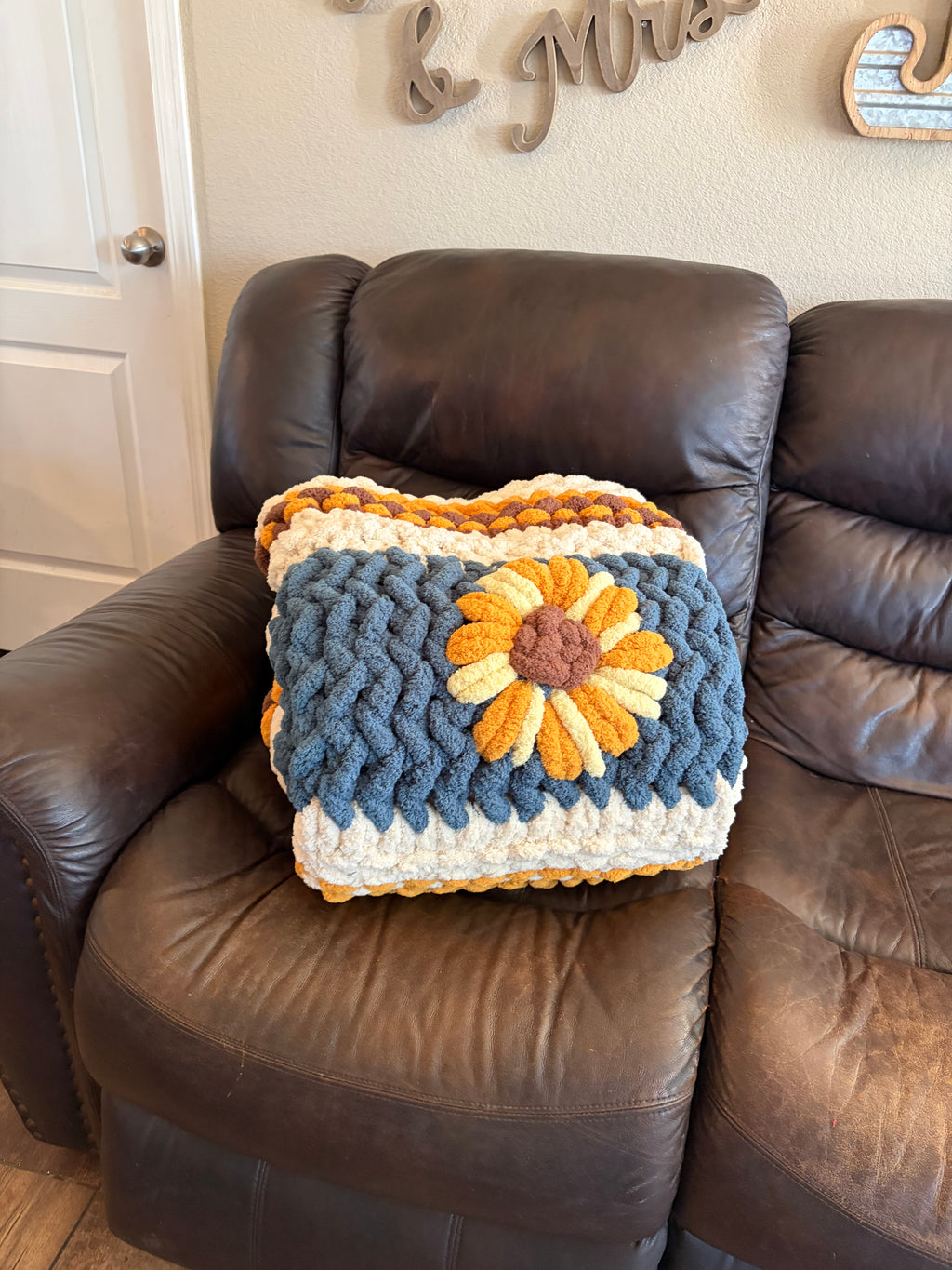 Fields of Grace Chunky Hand Knit Blanket Pattern | 45” x 70” | Herringbone Stitch + Sunflower Embellishment