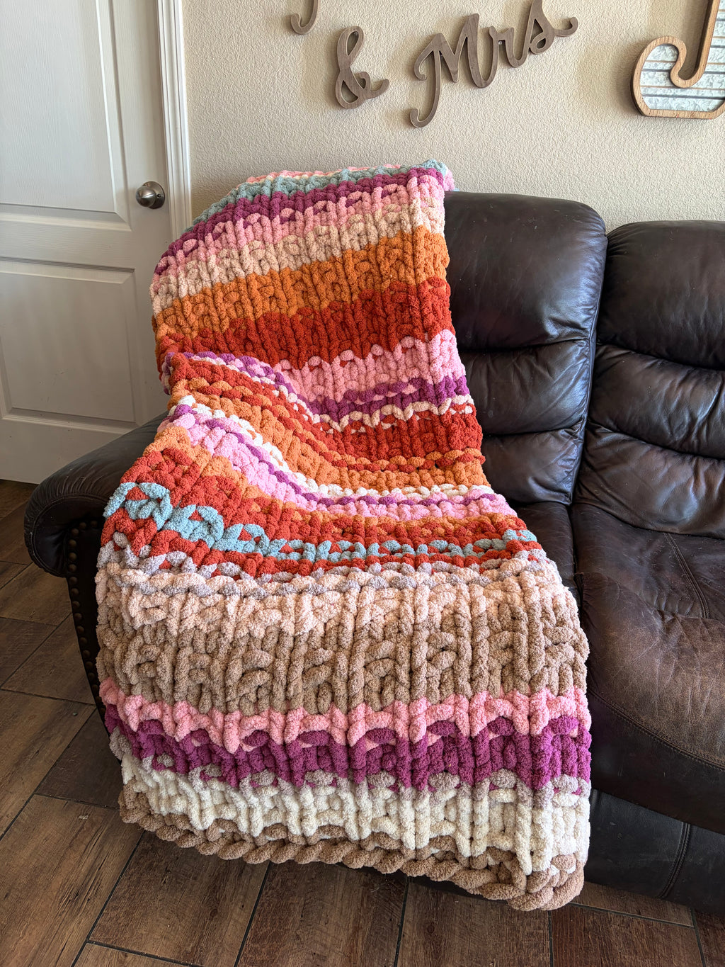Chunky Knit Blanket Pattern – Sedona Horizons, Hand Knit Chenille, 50x60