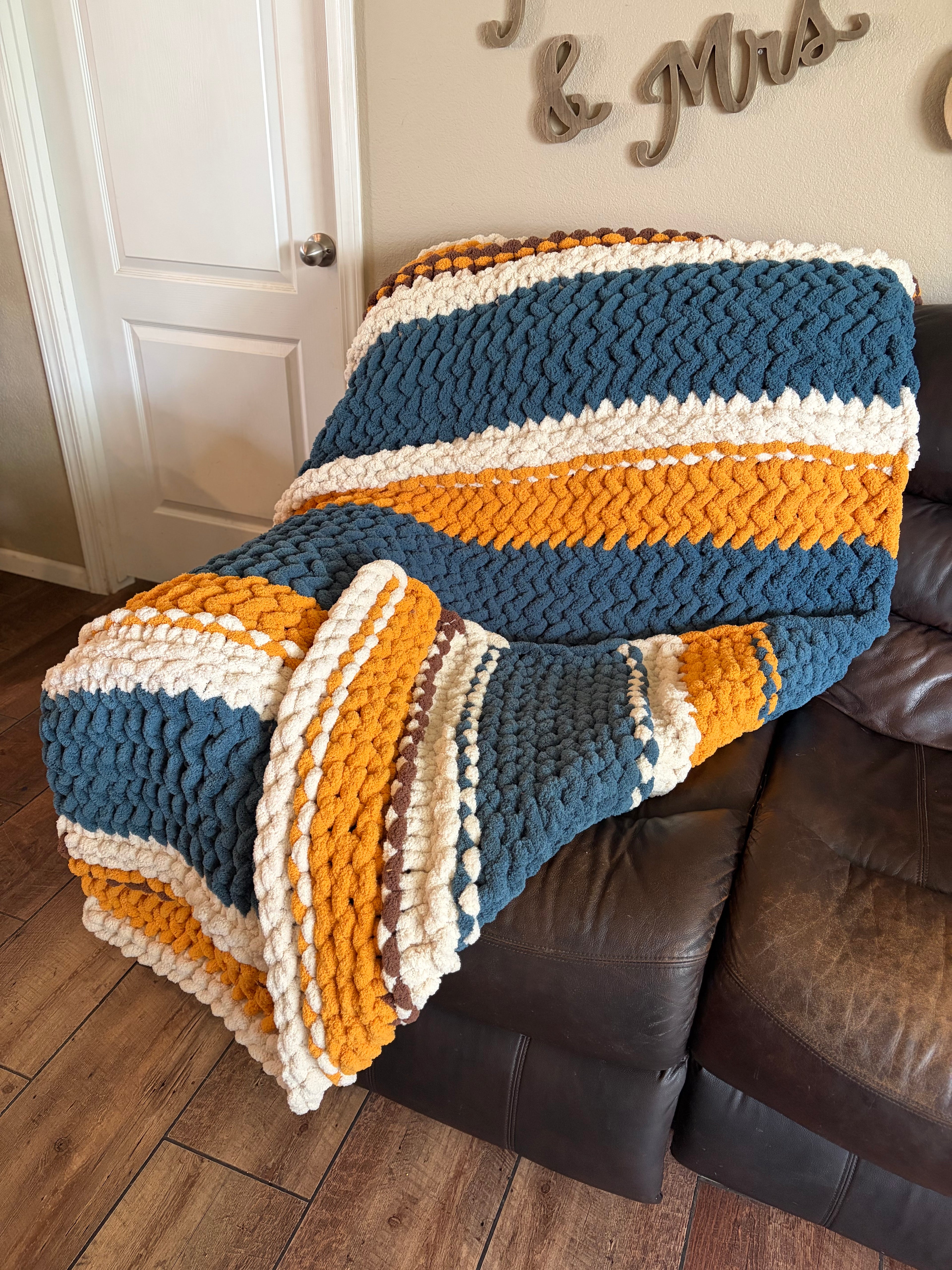 Fields of Grace Chunky Hand Knit Blanket Pattern | 45” x 70” | Herringbone Stitch + Sunflower Embellishment