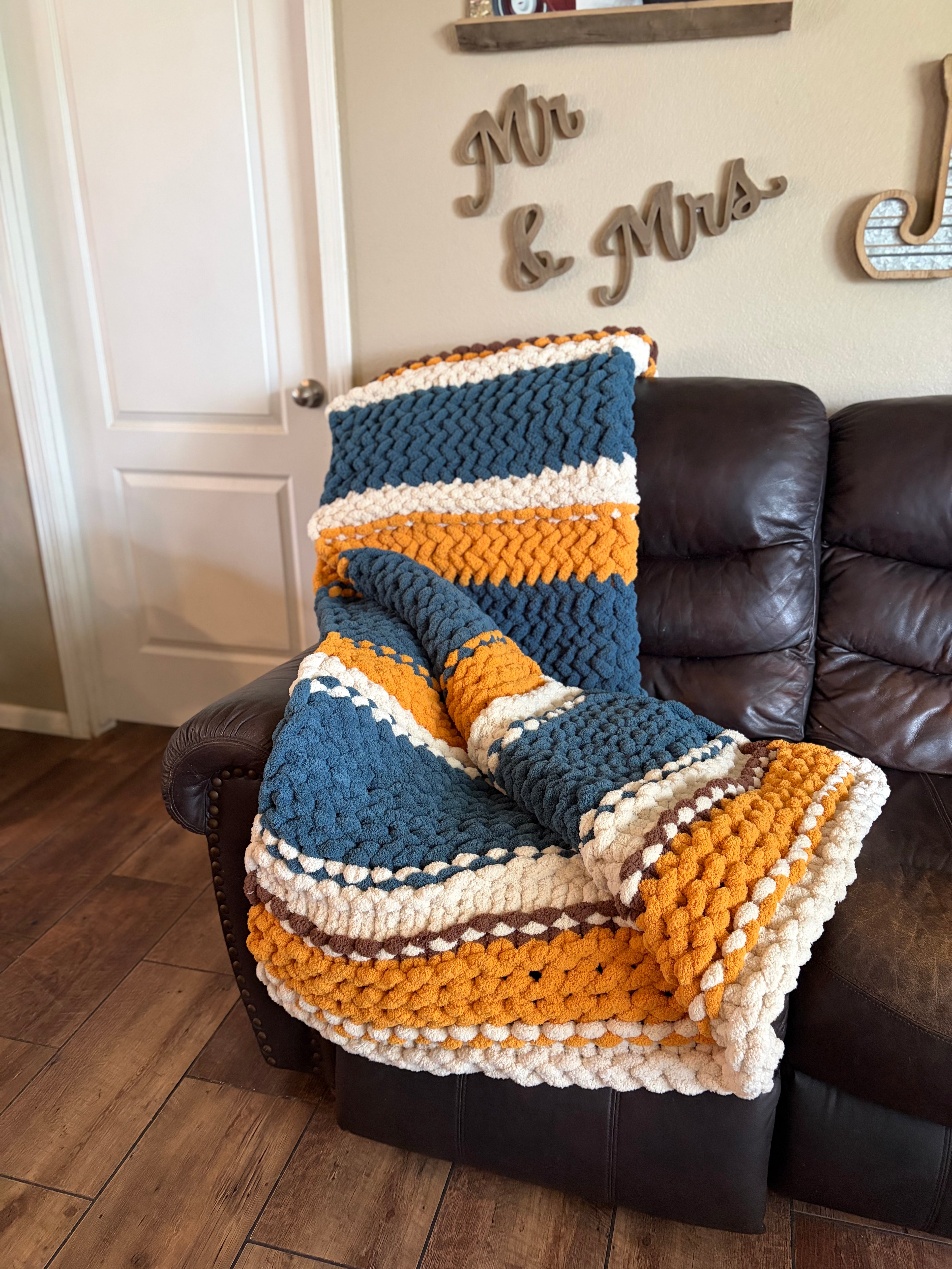 Fields of Grace Chunky Hand Knit Blanket Pattern | 45” x 70” | Herringbone Stitch + Sunflower Embellishment