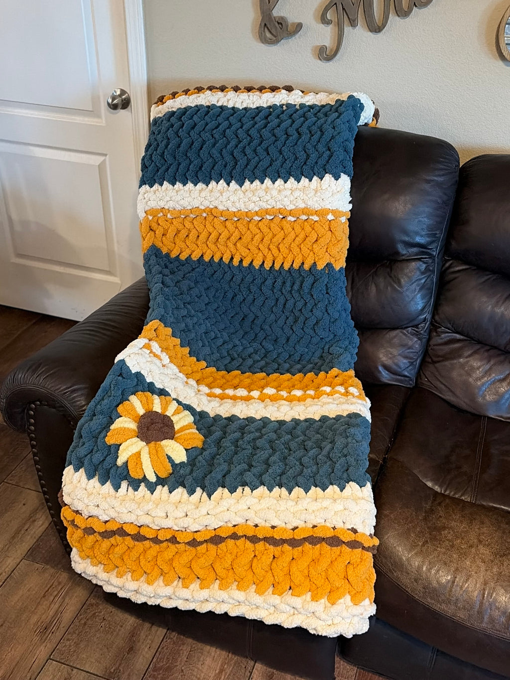 Fields of Grace Chunky Hand Knit Blanket Pattern | 45” x 70” | Herringbone Stitch + Sunflower Embellishment