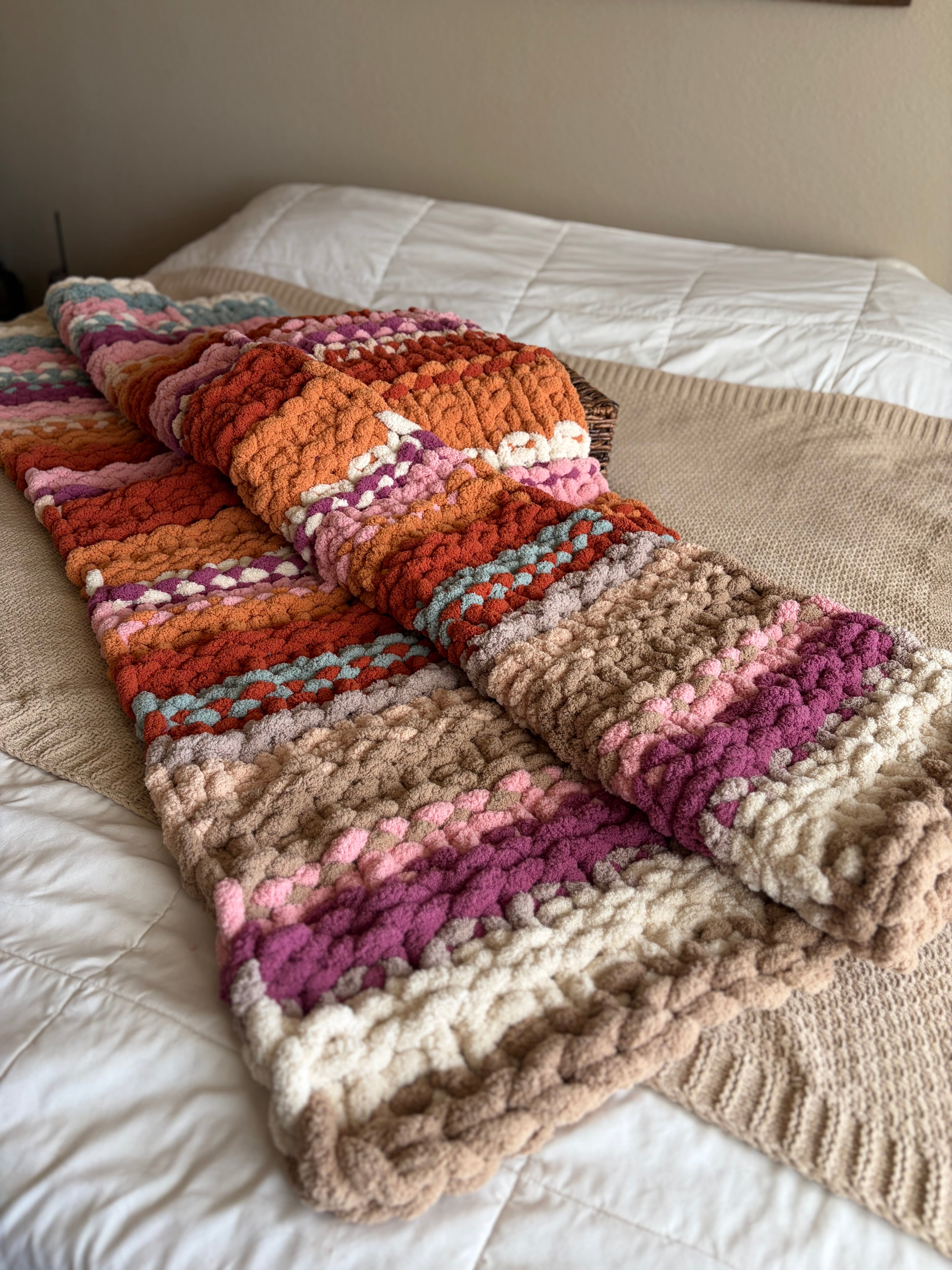 Chunky Knit Blanket Pattern – Sedona Horizons, Hand Knit Chenille, 50x60