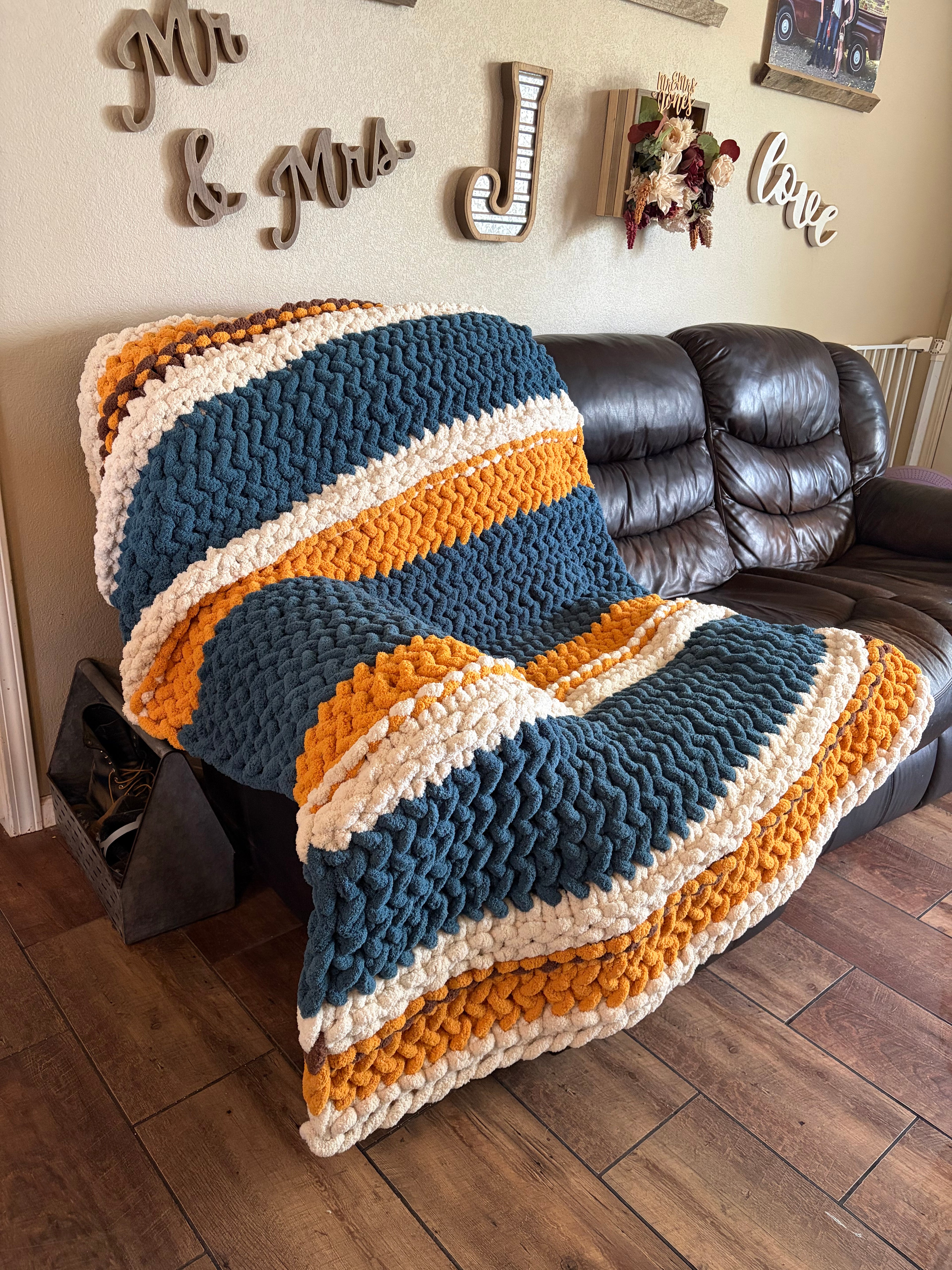 Fields of Grace Chunky Hand Knit Blanket Pattern | 45” x 70” | Herringbone Stitch + Sunflower Embellishment