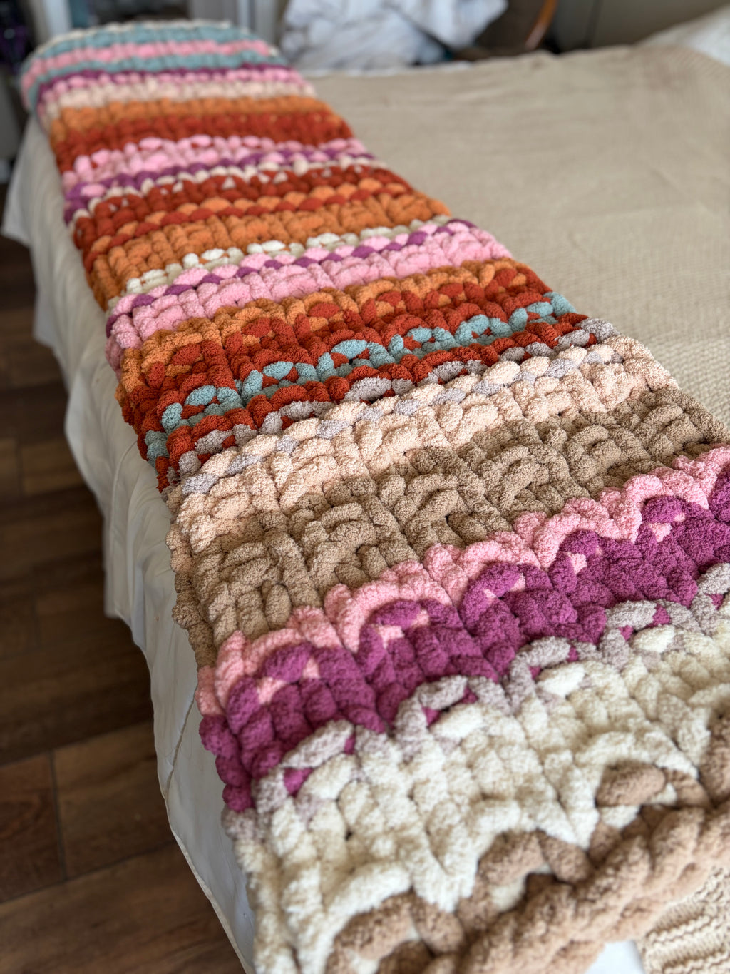 Chunky Knit Blanket Pattern – Sedona Horizons, Hand Knit Chenille, 50x60