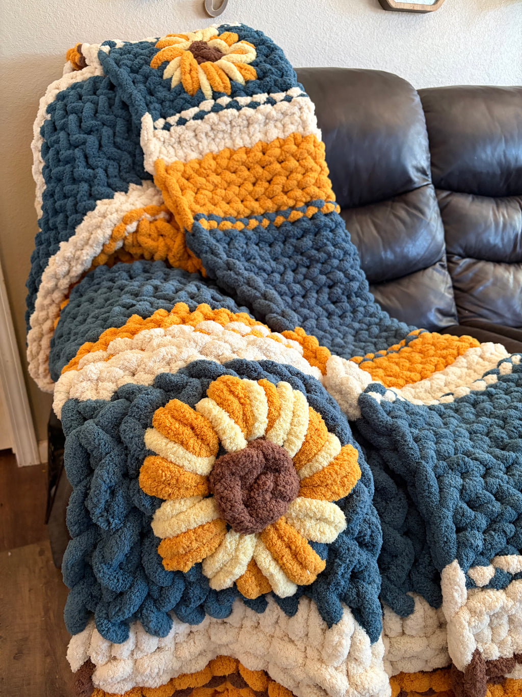 Fields of Grace Chunky Hand Knit Blanket Pattern | 45” x 70” | Herringbone Stitch + Sunflower Embellishment