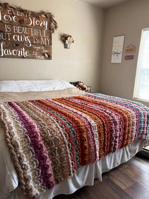 Chunky Knit Blanket Pattern – Sedona Horizons, Hand Knit Chenille, 50x60