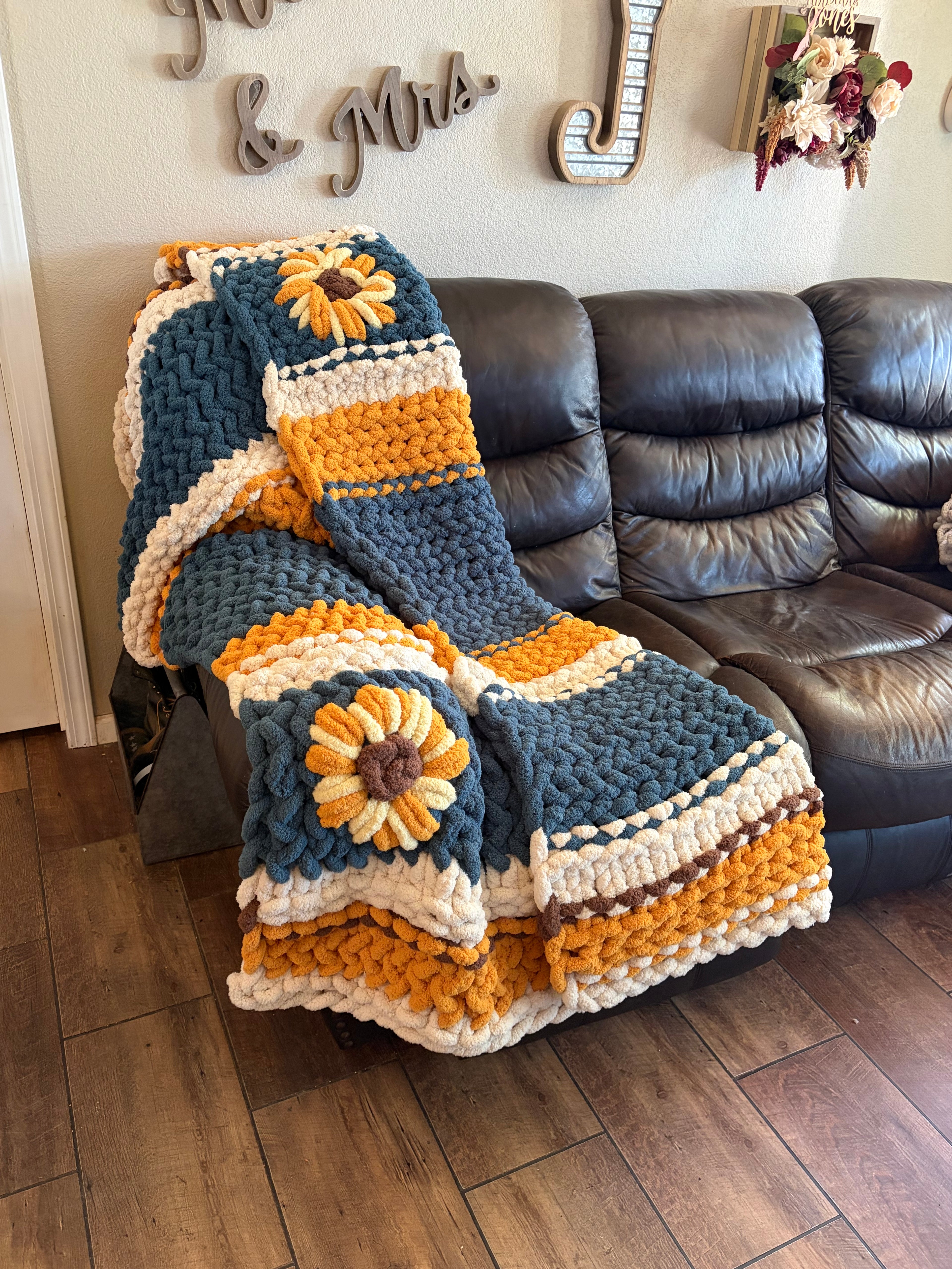 Fields of Grace Chunky Hand Knit Blanket Pattern | 45” x 70” | Herringbone Stitch + Sunflower Embellishment