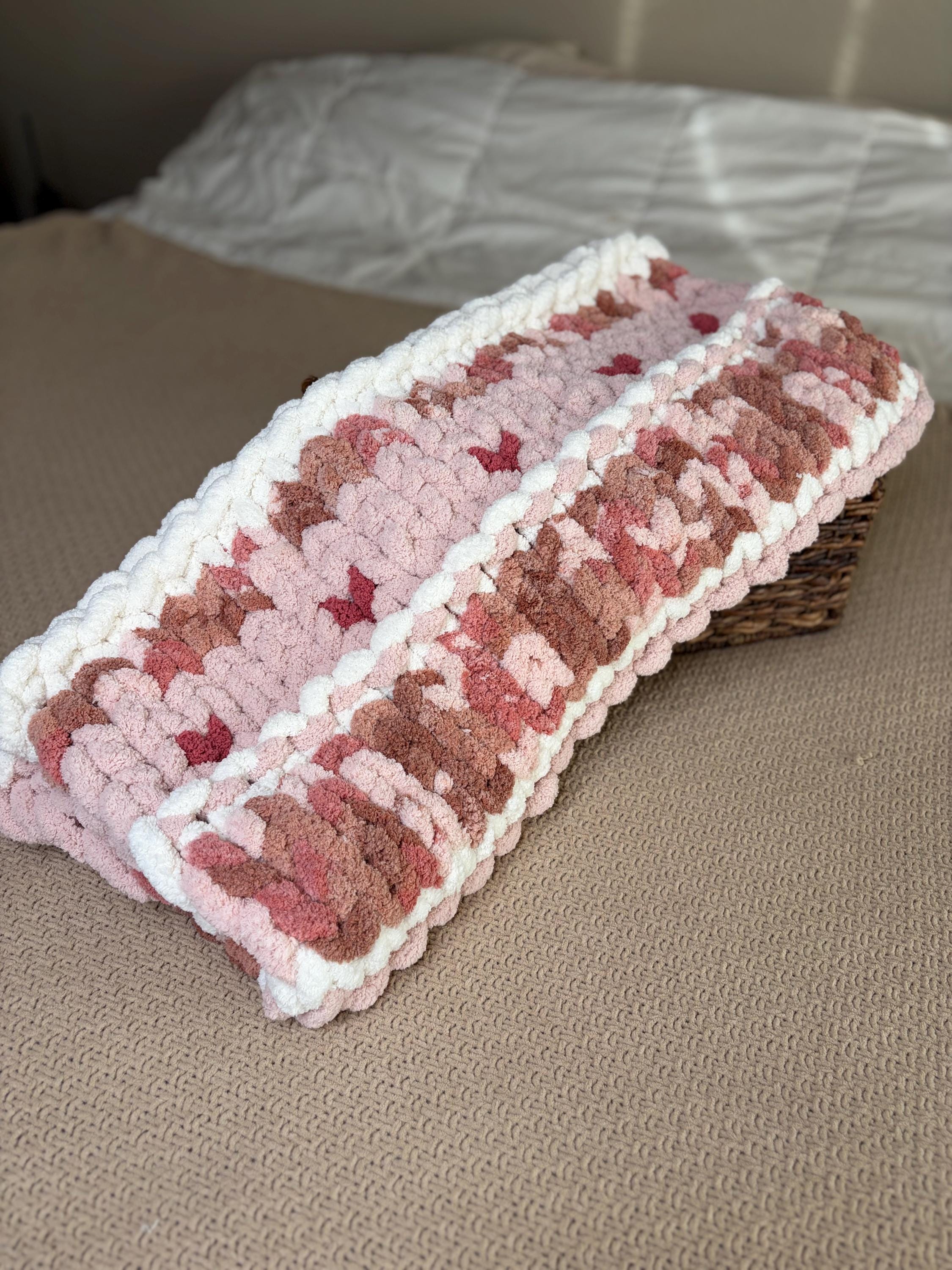 Chunky Knit Heart Blanket Pattern – Wave of Hearts Hand Knit Throw 40x60 | Digital Download